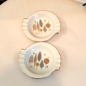 Mid-century Modern Tree Leaf Gold Trim Porcelain Ashtrays